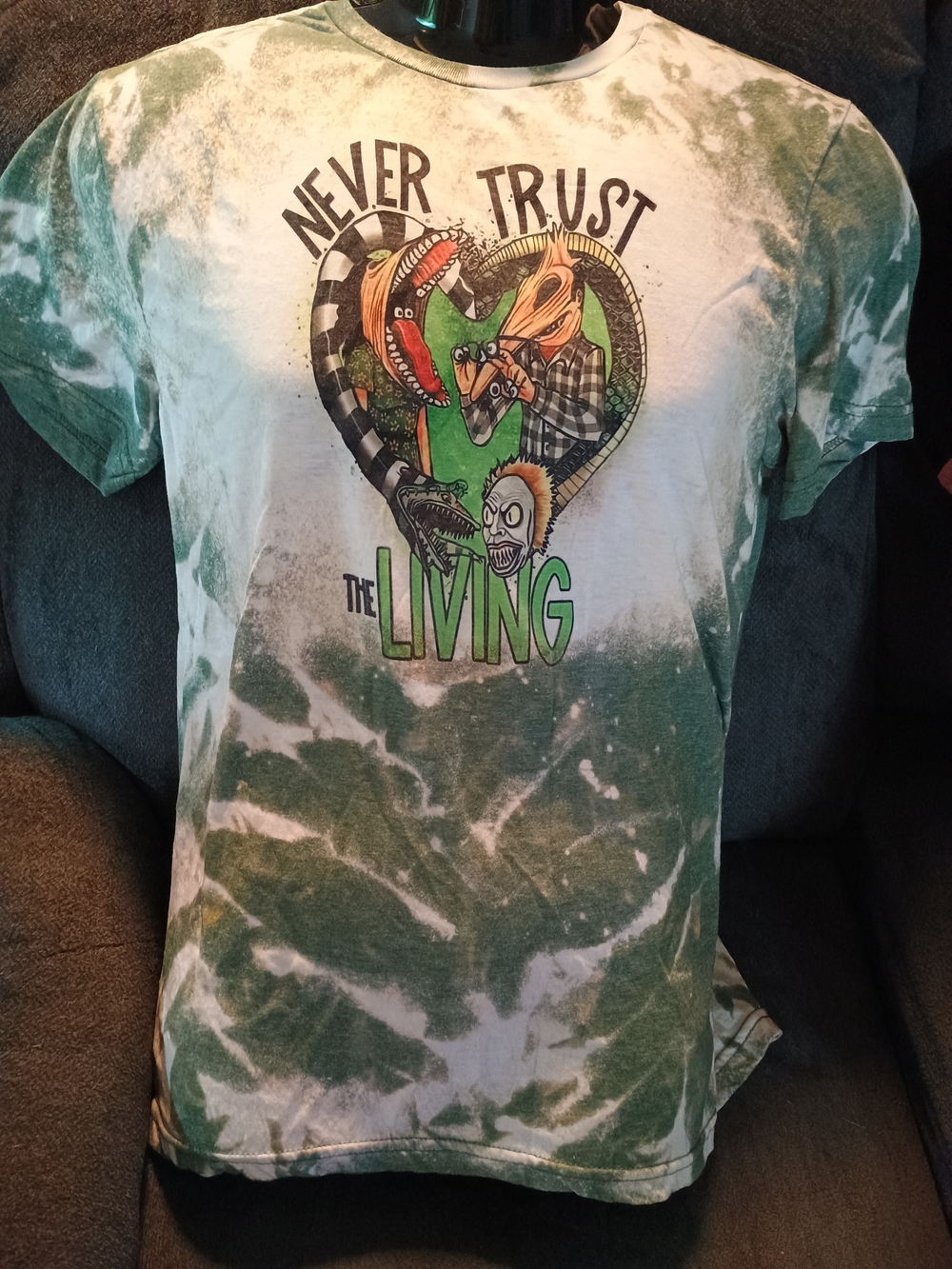Beetlejuice T-Shirt Medium Handmade Hand Bleached Never Trust Living Horror Tee